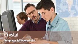  Presentation with class - Slide set with new school - teacher in computing class assisting background and a coral colored foreground