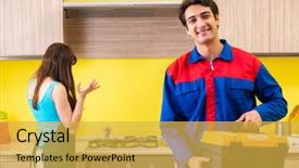  Presentation with dna repair - Theme featuring instructional tool - woman with contractor at kitchen background and a yellow colored foreground