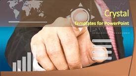  Presentation with touch screen - PPT theme consisting of new software - business hand pushing a button background and a  colored foreground