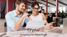  Presentation with young man and a woman - Slides featuring new staff - happy young business man background and a  colored foreground