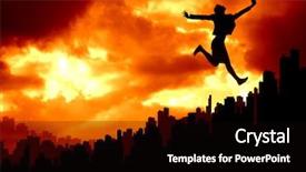  Presentation with city silhouette - PPT theme enhanced with new start business - silhouette of businesswoman jumping above background and a  colored foreground