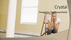  Presentation with woman stuck in ladder - Slide deck featuring new start business - woman sitting on ladder background and a  colored foreground