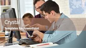  Presentation with class - Cool new slides with new teachers - teacher in computing class assisting backdrop and a coral colored foreground