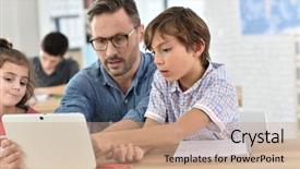  Presentation with med student in class - Presentation theme consisting of new teachers - teacher with students in class background and a coral colored foreground