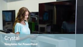  Presentation with consumer electronics - Slides with new television at the electronics background and a light blue colored foreground