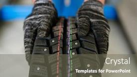  Presentation with tyre - Presentation featuring new tyre for car or lorry held by worker of contemporary machine repair service in gloves background and a gray colored foreground