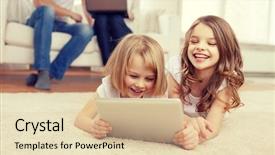  Presentation with sister - PPT theme featuring new video - smiling sister with tablet pc background and a lemonade colored foreground