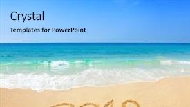  Presentation with 2018 beach - Presentation design with new wave - 2018 written on sandy beach background and a light blue colored foreground