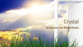  Presentation with open door - Cool new slides with new world grass and blue backdrop and a cream colored foreground
