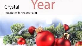  Presentation with fir tree - Audience pleasing PPT theme consisting of red new year - christmas composition with baubles backdrop and a  colored foreground