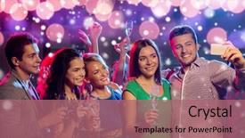  Presentation with holidays - Cool new theme with new year party holidays technology nightlife and people concept - smiling friends with glasses of champagne and smartphone taking selfie in club and snow effect backdrop and a coral colored foreground