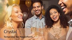  Presentation with friends - Colorful slides enhanced with new year s - group of five multiethnic friends backdrop and a coral colored foreground