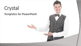  Presentation with butler - Beautiful PPT theme featuring hotel promotions - young smiling waiter or butler backdrop and a white colored foreground