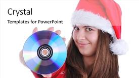  Presentation with beautiful young girl red - Cool new presentation theme with new year video - young beautiful girl with disk backdrop and a  colored foreground