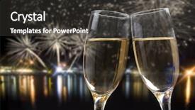  Presentation with new years - PPT theme with new years eve clock - glasses with champagne against fireworks background and a dark gray colored foreground