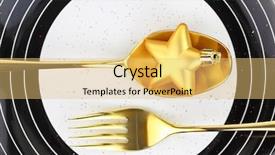  Presentation with gold award plaque or plate - Slide set featuring new years eve menu - christmas golden cutlery background and a yellow colored foreground