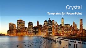  Presentation with dusk - Presentation theme with new york city downtown skyline with pier remains at dusk background and a teal colored foreground