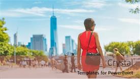  Presentation with city people walking - PPT theme having new-york-city-life-woman background and a  colored foreground