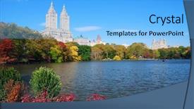  Presentation with manhattan - Colorful presentation enhanced with new york city manhattan central park panorama in autumn lake with skyscrapers and colorful trees with reflection backdrop and a light blue colored foreground