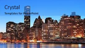  Presentation with new york night - PPT theme enhanced with new york city manhattan midtown skyline at night over east river background and a light blue colored foreground