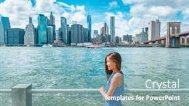  Presentation with city people walking - Presentation theme consisting of new-york-city-manhattan-skyline background and a light blue colored foreground