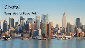  Presentation with manhattan - Colorful PPT theme enhanced with new york times - manhattan skyline over hudson river backdrop and a light blue colored foreground