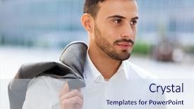  Presentation with jacket platform - Audience pleasing slides consisting of new york times company - young businessman holding his jacket backdrop and a sky blue colored foreground