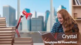  Presentation with stack books - Audience pleasing PPT theme consisting of new york university - student studying with stack backdrop and a  colored foreground