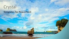  Presentation with beach rocks - Presentation design featuring new-zealand-cathedral-cove background and a light blue colored foreground