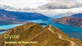  Presentation with mountain hiking - PPT theme consisting of new-zealand-hiking-people background and a tawny brown colored foreground