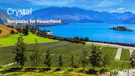  Presentation with mountain water - PPT theme featuring new zealand south island lake wanaka adorable lake with turquoise water picturesque vineyard descends down the mountain to the water the concept of active ecological and photo tourism background and a teal colored foreground