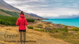  Presentation with destination - PPT theme having new-zealand-travel-tourist-hiker background and a gold colored foreground