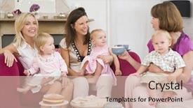  Presentation with mothers - PPT theme having newborn baby drinking - three mothers in living room background and a soft green colored foreground