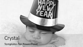  Presentation with new baby girl - Presentation theme featuring newborn baby girl wearing a happy new year hat in black and white background and a light gray colored foreground