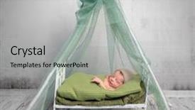  Presentation with sleeping baby - PPT theme having newborn baby in hat covered with green blanket sleeping on little bed with canopy background and a light gray colored foreground