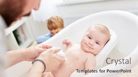 Presentation with baby bath - Presentation design featuring newborn baby is being washed by the father in the baby bath background and a lemonade colored foreground