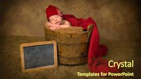 Presentation with baby sleeping - Slide deck featuring newborn baby of mixed race sleeping in an antique wooden bucket background and a tawny brown colored foreground