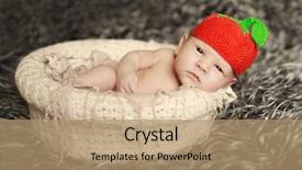  Presentation with baby sleeping - Amazing presentation having newborn baby sleeping on fur in the basket in funny hat like berry or tomato backdrop and a coral colored foreground