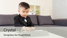  Presentation with tablets wood table tablet white - Beautiful PPT theme featuring newborn screening - little boy using tablet backdrop and a  colored foreground