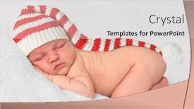  Presentation with christmas elf - Colorful presentation design enhanced with newborn sleeping baby girl wearing a christmas elf hat backdrop and a light gray colored foreground