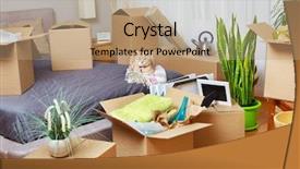  Presentation with cinematography video movie cinema concept - Presentation design having newcats - moving boxes in new apartment background and a coral colored foreground