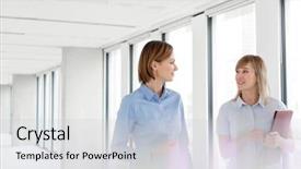  Presentation with new office - Colorful presentation theme enhanced with newco - business professionals planning while walking backdrop and a light blue colored foreground