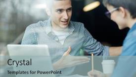  Presentation with project - Slide deck with newco - businessman explaining new project background and a  colored foreground