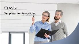  Presentation with new office - Cool new PPT layouts with newco - businesswoman discussing over document backdrop and a  colored foreground