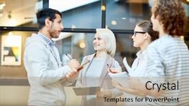  Presentation with new office - Presentation theme featuring newco - group of young specialists planning background and a coral colored foreground