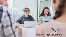  Presentation with new ideas - PPT theme consisting of newco - reliable young co-workers thinking background and a soft green colored foreground