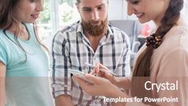  Presentation with collaborative ideas - Presentation theme having newco - three young proficient co-workers thinking background and a  colored foreground