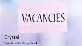  Presentation with half white and half bright coloured - Audience pleasing slide deck consisting of newcomer - nameplate with inscription vacancies backdrop and a  colored foreground