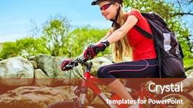  Presentation with sport blue - Amazing PPT theme having newcycles nature - woman on bicycle ride mountain backdrop and a tawny brown colored foreground