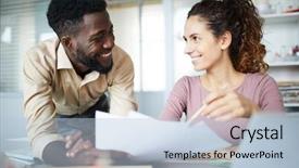  Presentation with data meeting - PPT theme with newdata - successful designers discussing data background and a light blue colored foreground